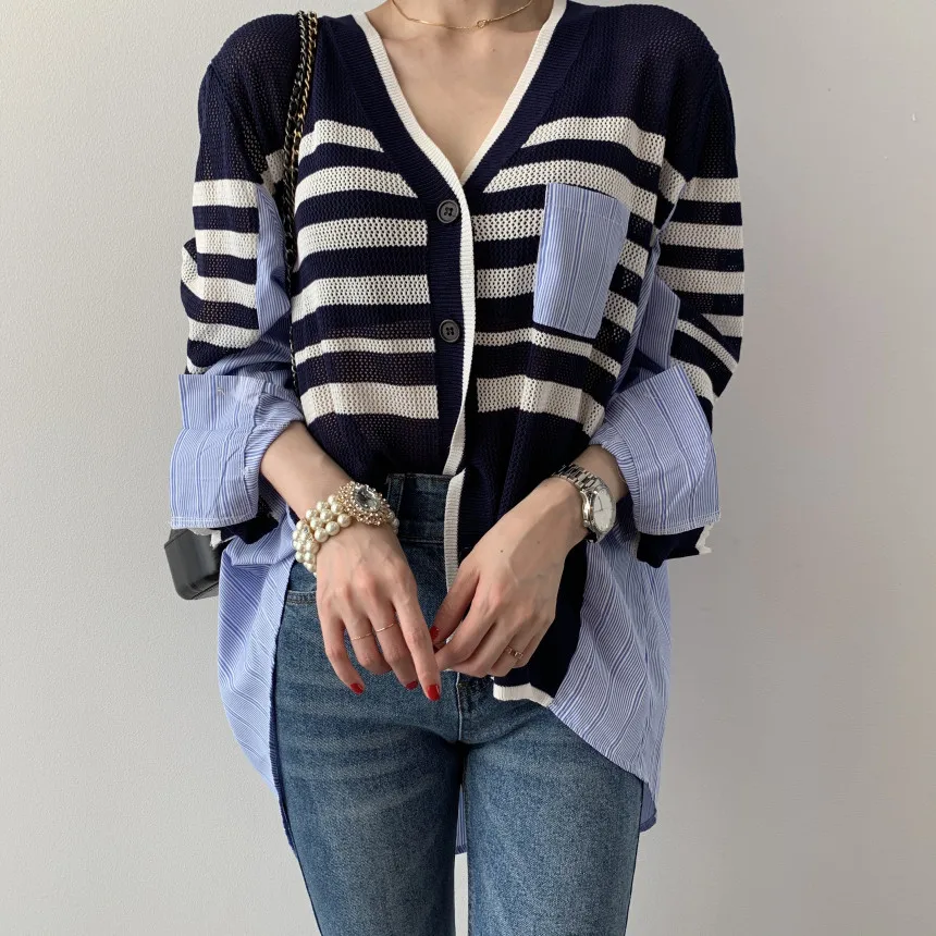 

HziriP 2021 New Autumn Winter Single-breasted V-neck Striped Stitching Sweater Coat OL Knit Cardigan Tops Loose Knitted Sweaters