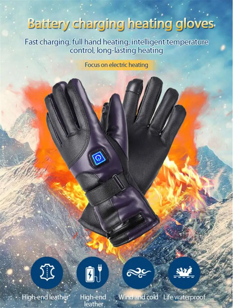 

Black Men Motorcycle Heated Gloves Women 3 Heating Settings Leather Heat-preserving Cotton Heating Warm Windproof Motoloves