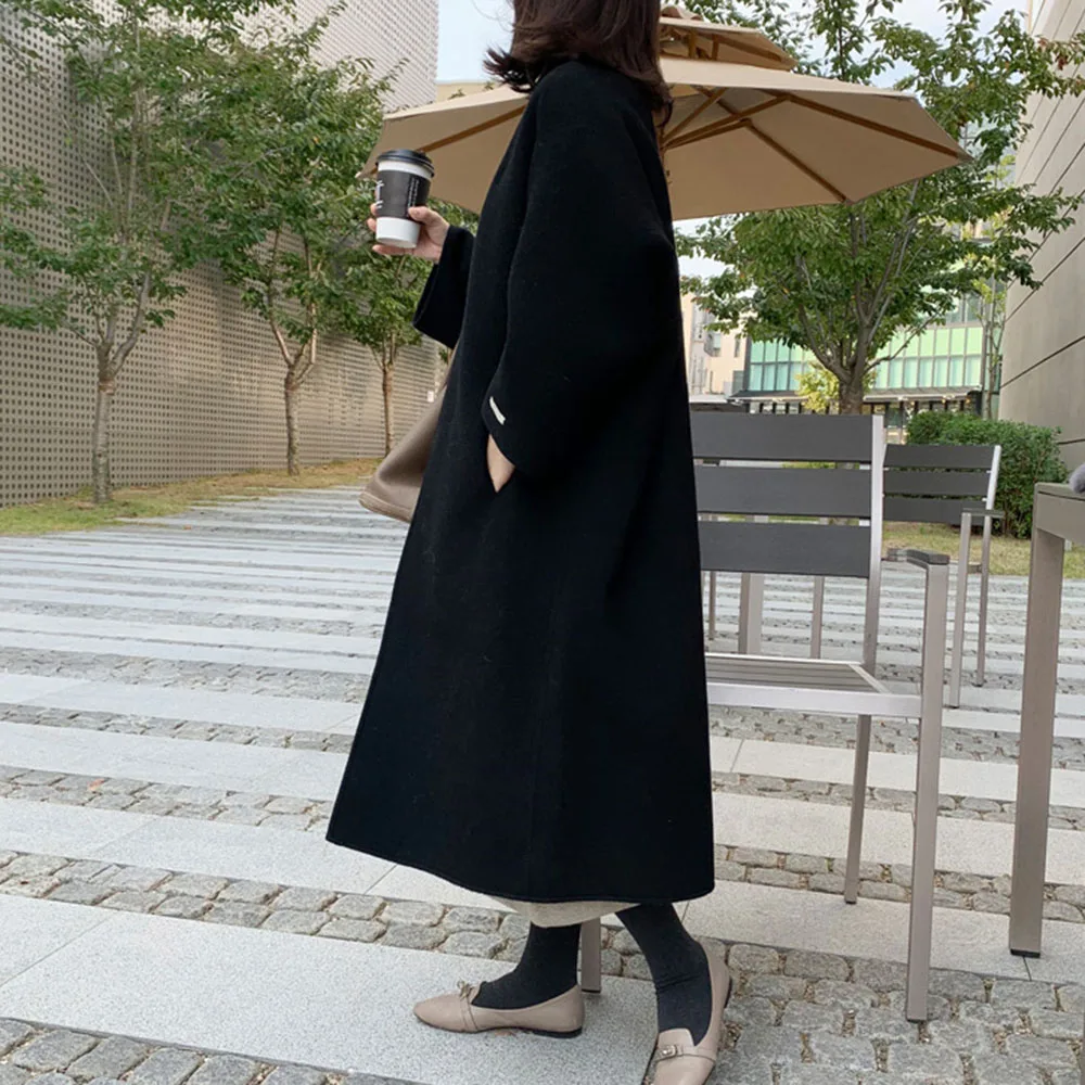 

Woolen Coats Women 2020 Coffee Color Long Loose Slim Elegent Collarless Fashion Casual Female Autumn Winter Warm Wear Thick