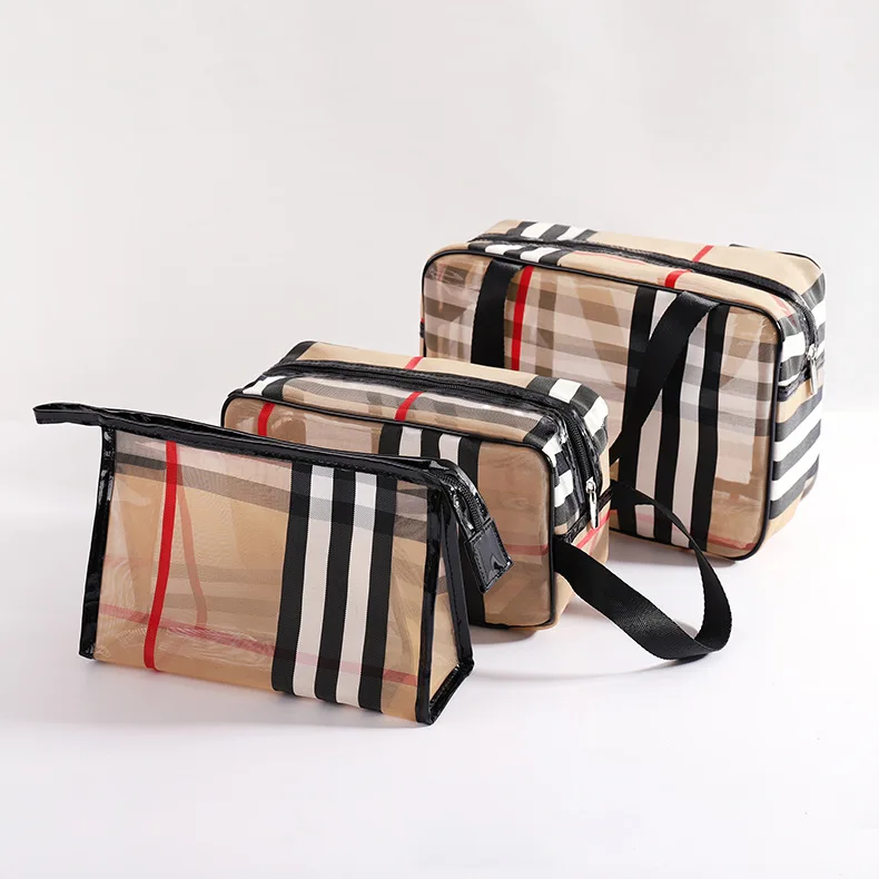

2021 new mesh Stripe Cosmetic Bag Large Capacity wash bag waterproof cosmetic storage cosmetic bag lipstick bag cosmetic box