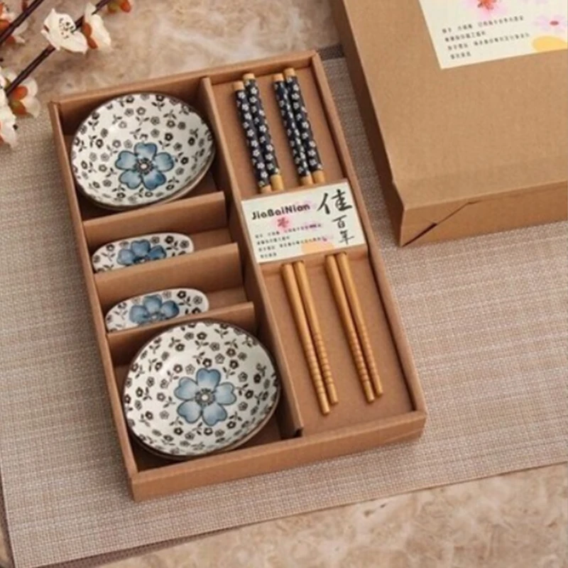 Chopsticks Dish Set Bamboo Gift Box Ceramic Chinese Flower Pattern Kitchen Supplies Tableware |