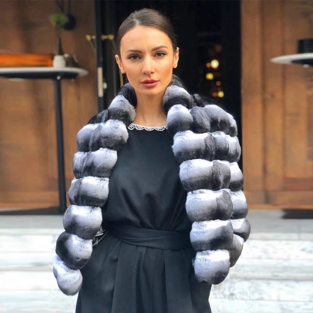 2022 Trendy Women Natural Rex Rabbit Fur Coat Stand Collar Winter Fashion Chinchilla Color Genuine Rex Rabbit Fur Jacket Outwear