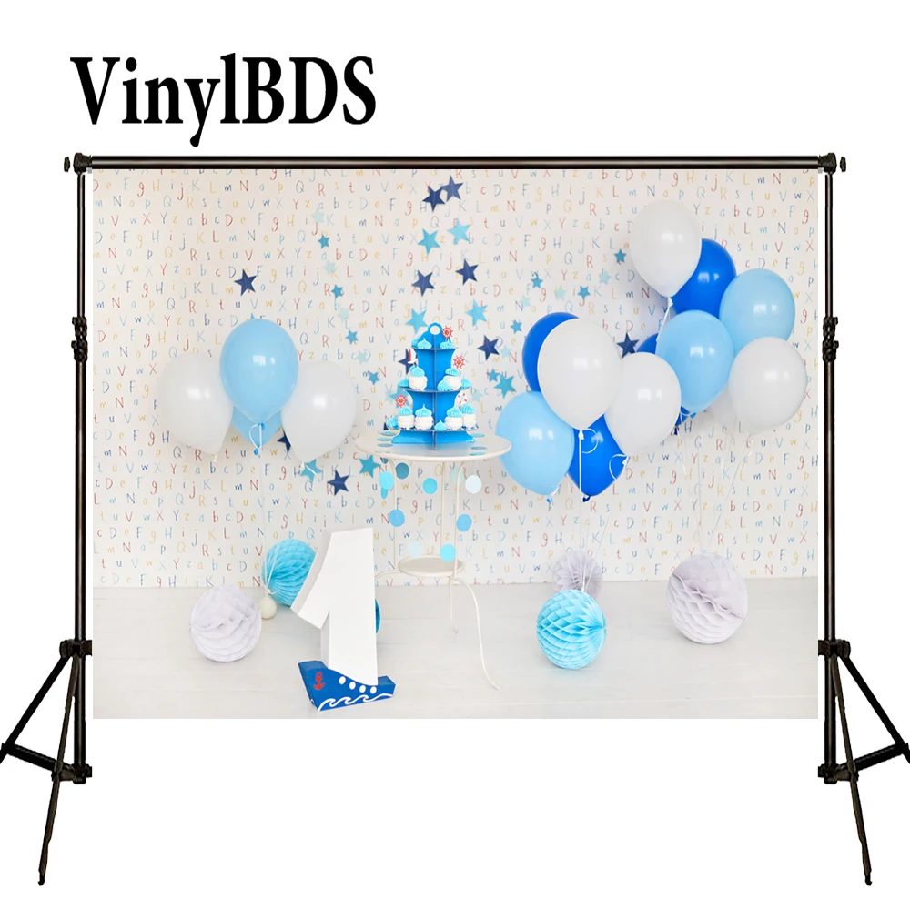 VinylBDS синий торт День рождения фон Вечеринка Новорожденные декорации деревянные