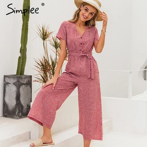 Simplee в богемном стиле, в горошек, женские комбинезоны с v-образным вырезом с коротким рукавом и поясом, женский спортивный костюм romper кнопки летние каникулы пляжные комбинезоны для девочек