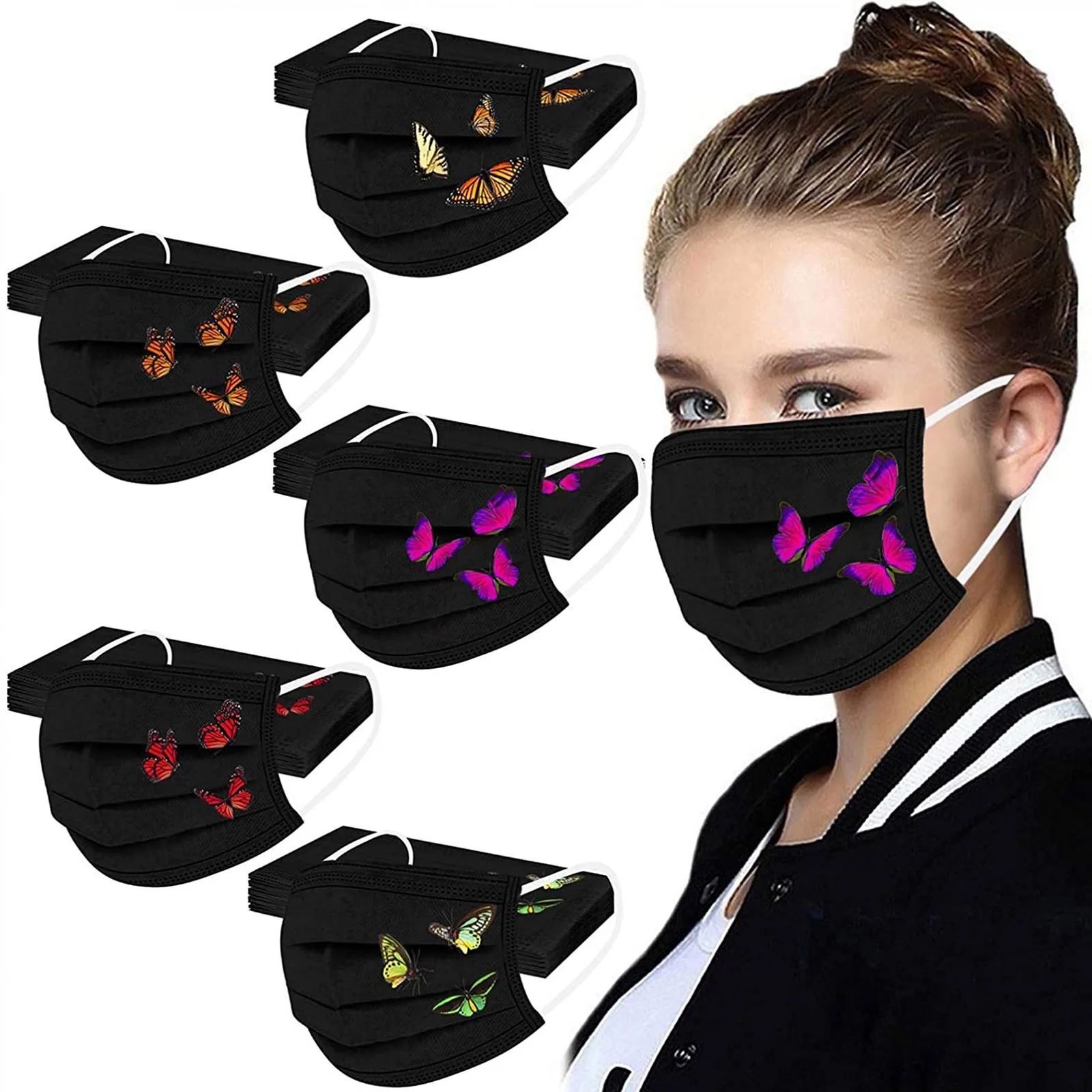 

Черная маска для лица, одноразовая 3-слойная маска с принтом бабочек для взрослых, для женщин, для Хэллоуина, косплея, Рождество, черная маска