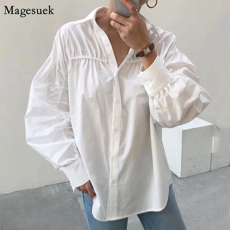 

Women Single Breasted Vintage Puff Sleeve Top Casual Harajuku Cotton Shirts For Women Korean Autumn Plus Size White Blouse 12364