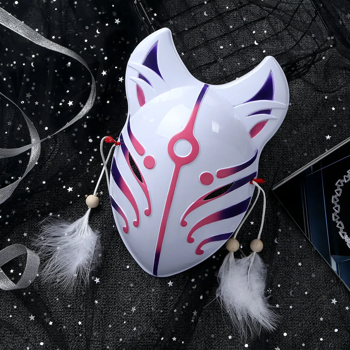 Japanese Fox Masks Cosplay Full Face Mask with Feather Tassels Masquerade Party Show Halloween Festival Ball Costume | Тематическая