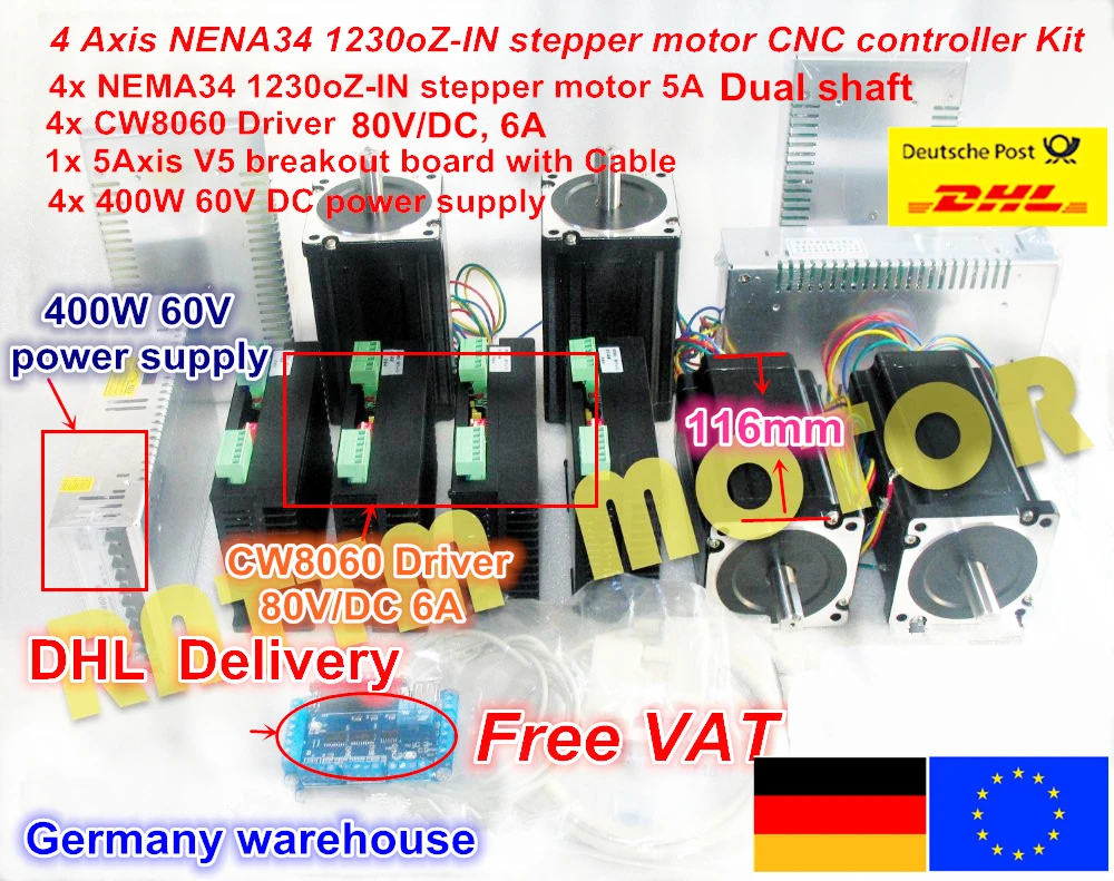 4 оси набор контроллеров CNC Nema 34 1230Oz in/5.0A шаговый двигатель двойной вал и драйвер