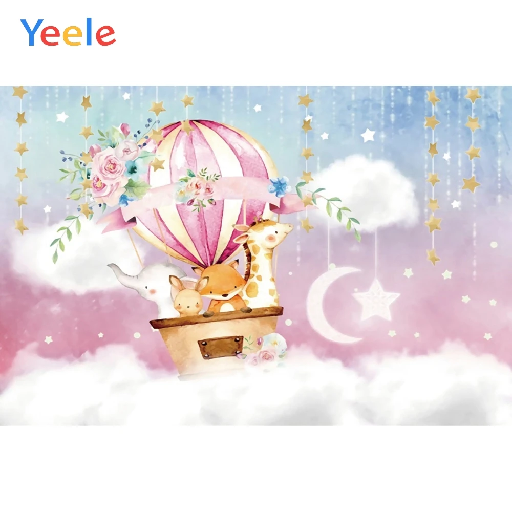 

Cloud Star Hot Air Balloon Cute Animals Newborn Baby Shower 1st Birthday Party Backdrop Photography Background Vinyl Photophone