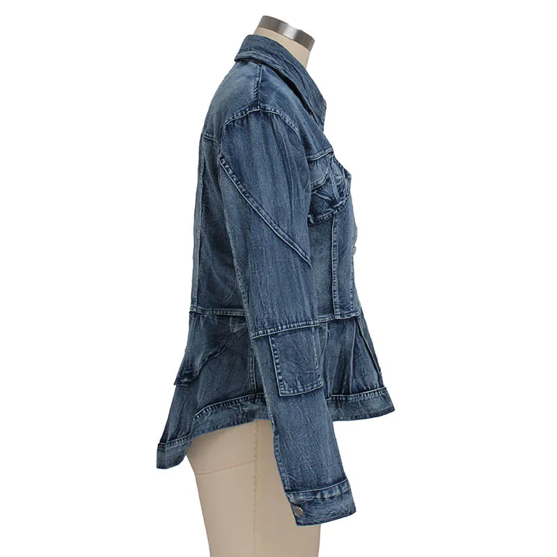 Женская Повседневная синяя джинсовая куртка с баской и длинным рукавом |