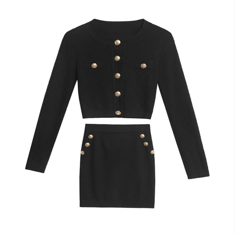 

Small Fragrant Style Knitted Hip Skirt Suit Metal Button Long Sleeve Top With Waistband Showing Thin Skirt Two Piece Set
