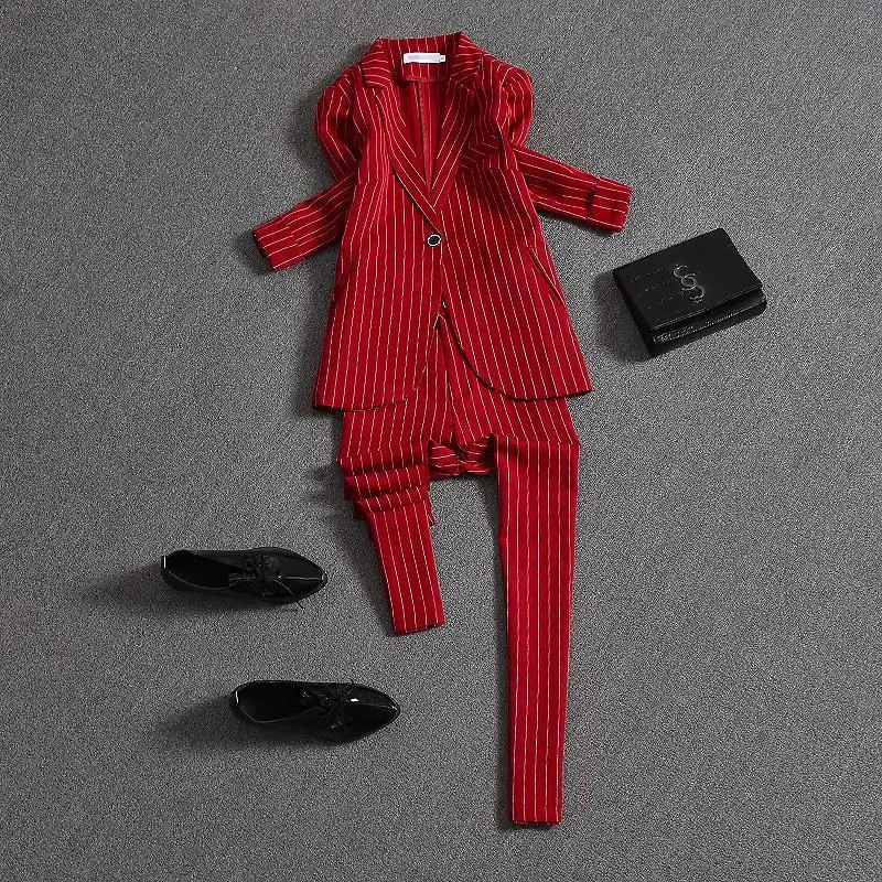 

2 Pieces Women Blazers Suits Autumn New 2021 Turn-Down Collar Long-Sleeved Stright Slim Elegant Office Lady Clothing Sets