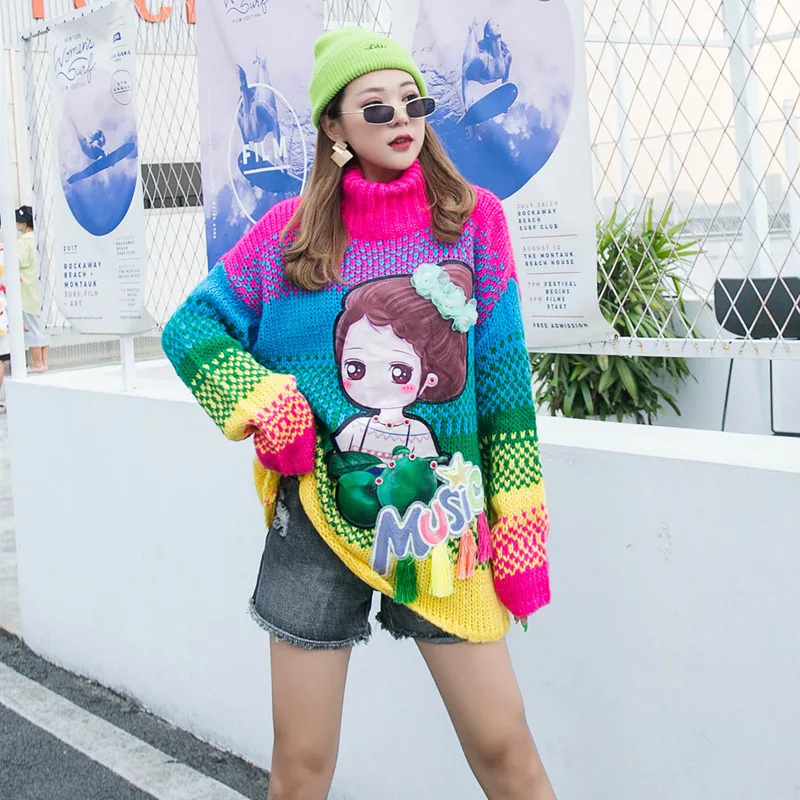 Vefadisa Autumn Cartoon Turtleneck Pullovers Sweater Stripe Long Sleeve Tassel Casual Woman 2019 QYF508 | Женская одежда