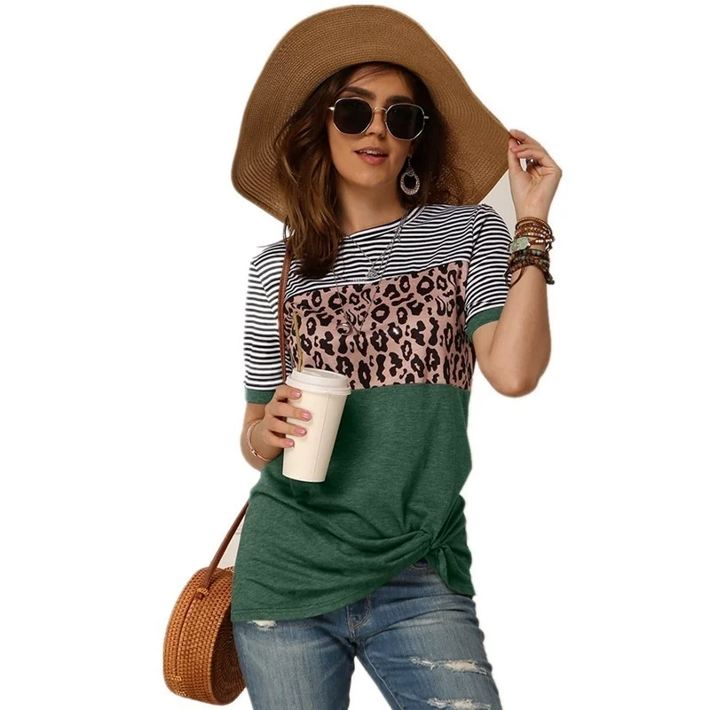 

Stripe Leopard Causal T-Shirt Women Summer Cotton Tees Short Sleeve Loose Patchwork Sexy Plus Size Pleated Ruched Top Streetwear