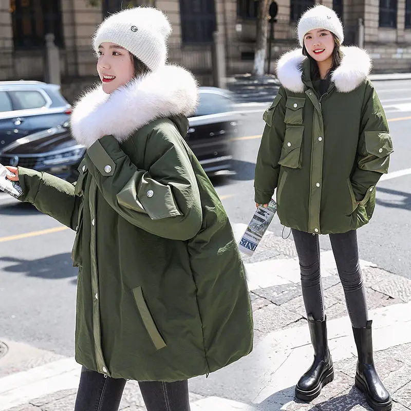 

Plus Size Down Jacket For Women 2021 New Winter Jackets Fashion Big Fur Collar Loose Thick Female Hooded Down Overcoat e406