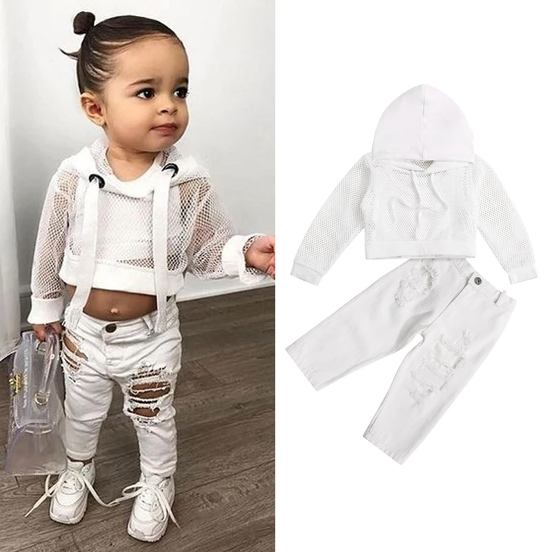 

Baby Girl 3 pcs Clothes Set White Vest Tank Top Mesh Hooded Top Pants Trousers 6M-4Y Toddler Kids Spring Autumn Casual Outfits