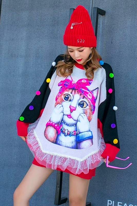 

Ladies Knitted Sweater Cartoon Cat Beaded Tide Brand Sweater Female Heavy Industry Reduced Age Loose Lace Stitching Outer Wear