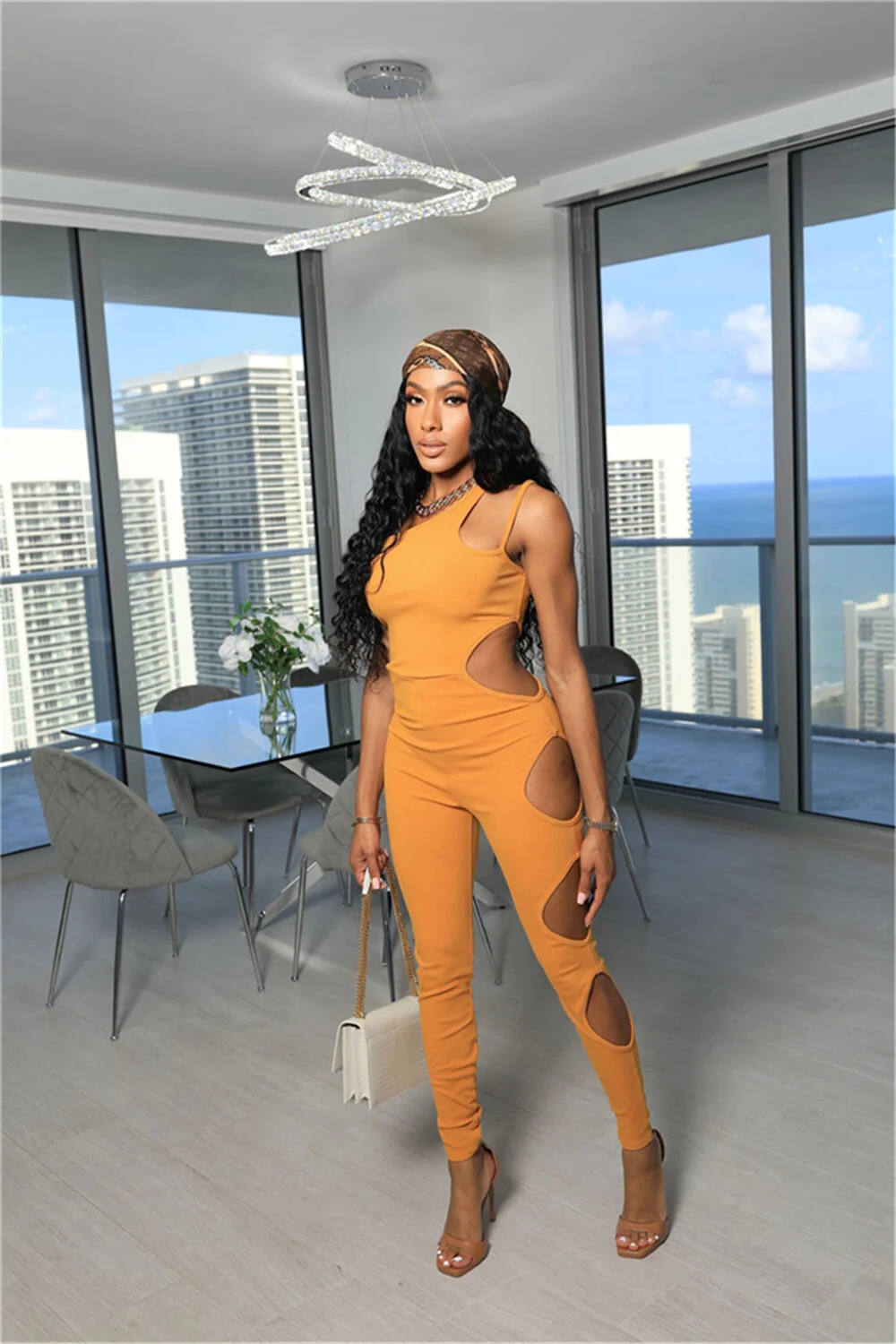 

RStylish 2021 Summer Clothing Women Solid Color One Shoulder Sleeveless Hollow Out Streetwear Bodycon Jumpsuit