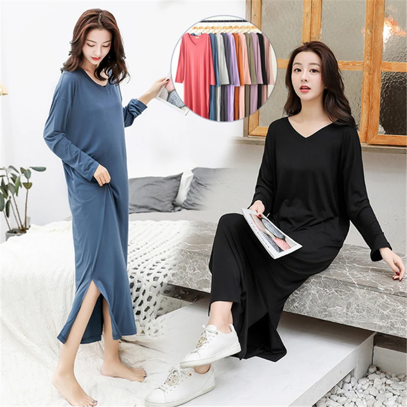 

Dress Elastic Skin-friendly Nightdress Modal Long-sleeved Female Loose Fat Mm Night Dress Home Skirt Sexy Temperament