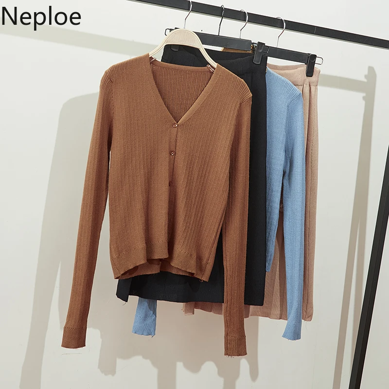 Neploe вязаный Свободный кардиган с v образным вырезом свитер + Однотонная юбка