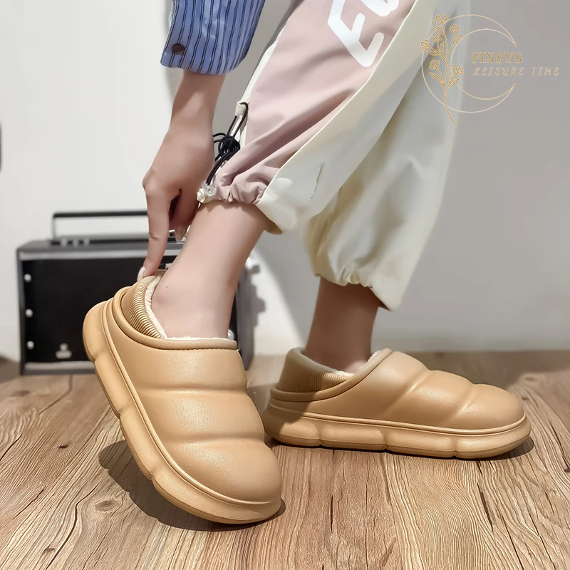 

FIXSYS Winter Couple Half Slippers Men Waterproof Warm Plush Shoes Fashion Lady Indoor House Slides Fur Man Woman Home Sandals