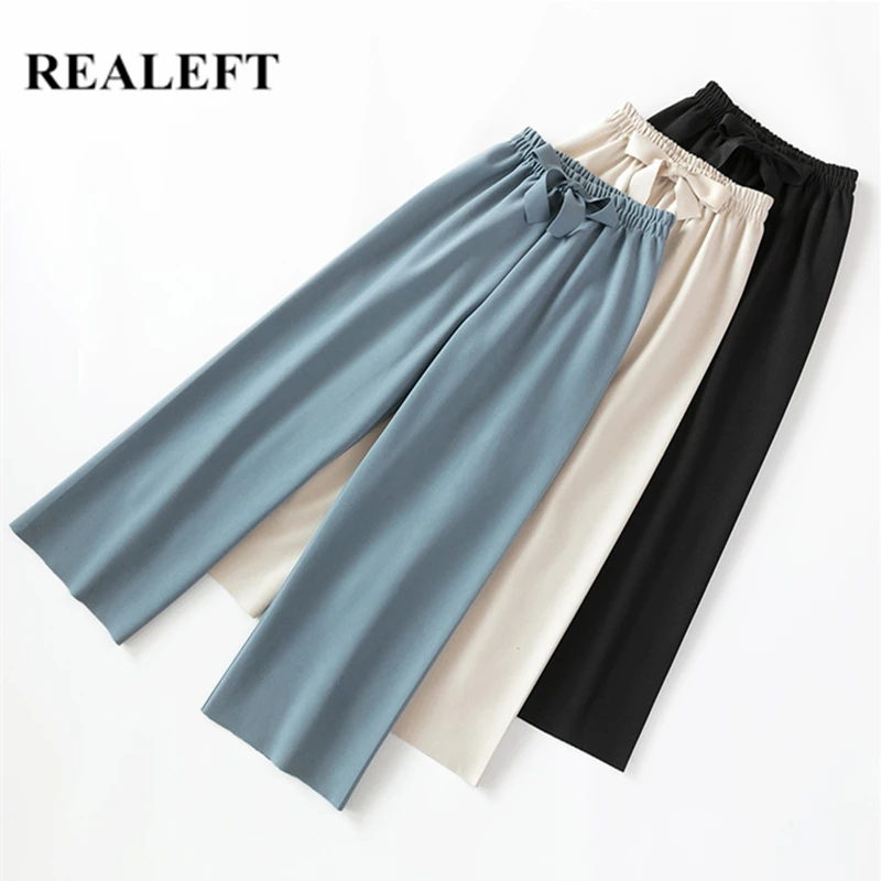 Женские шерстяные широкие брюки REALEFT повседневные свободные длинные с бантом в