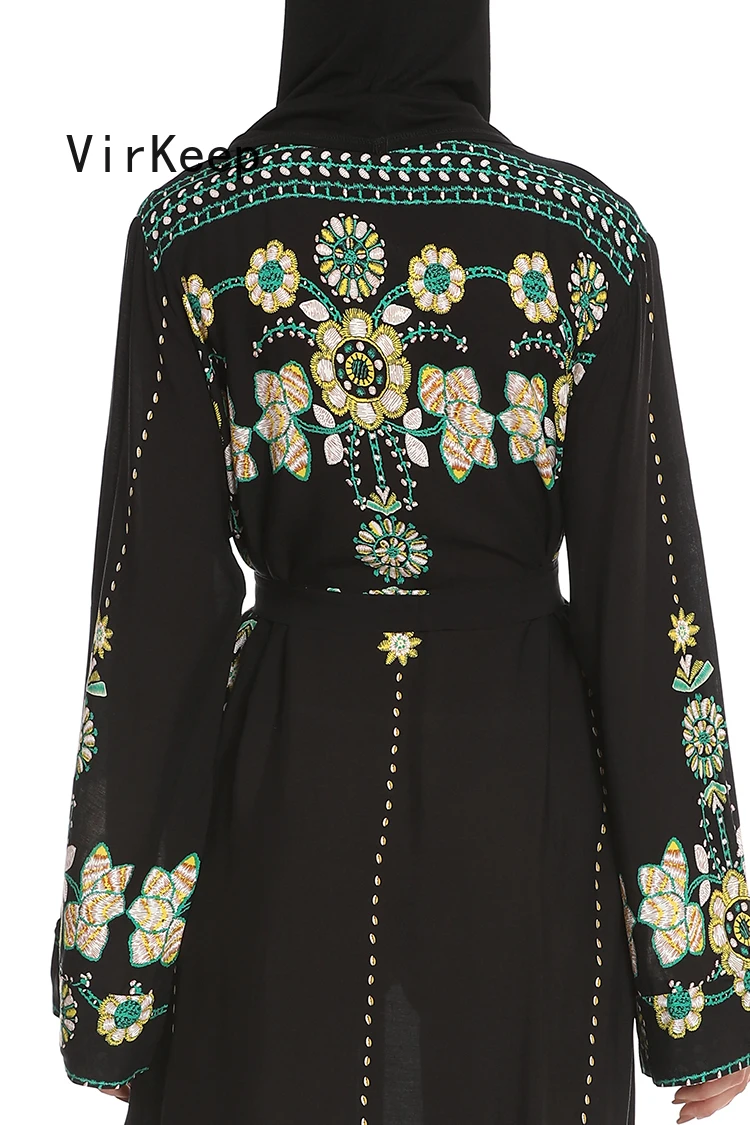 

2021 women floral embroidery dress lace up waist fashion full sleeve kimono abaya dubai ramadan gown kaftan muslim robe VKDR2478