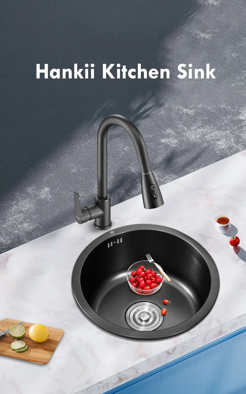 Круглая раковина кухонная из нержавеющей стали одинарная чаша черного цвета