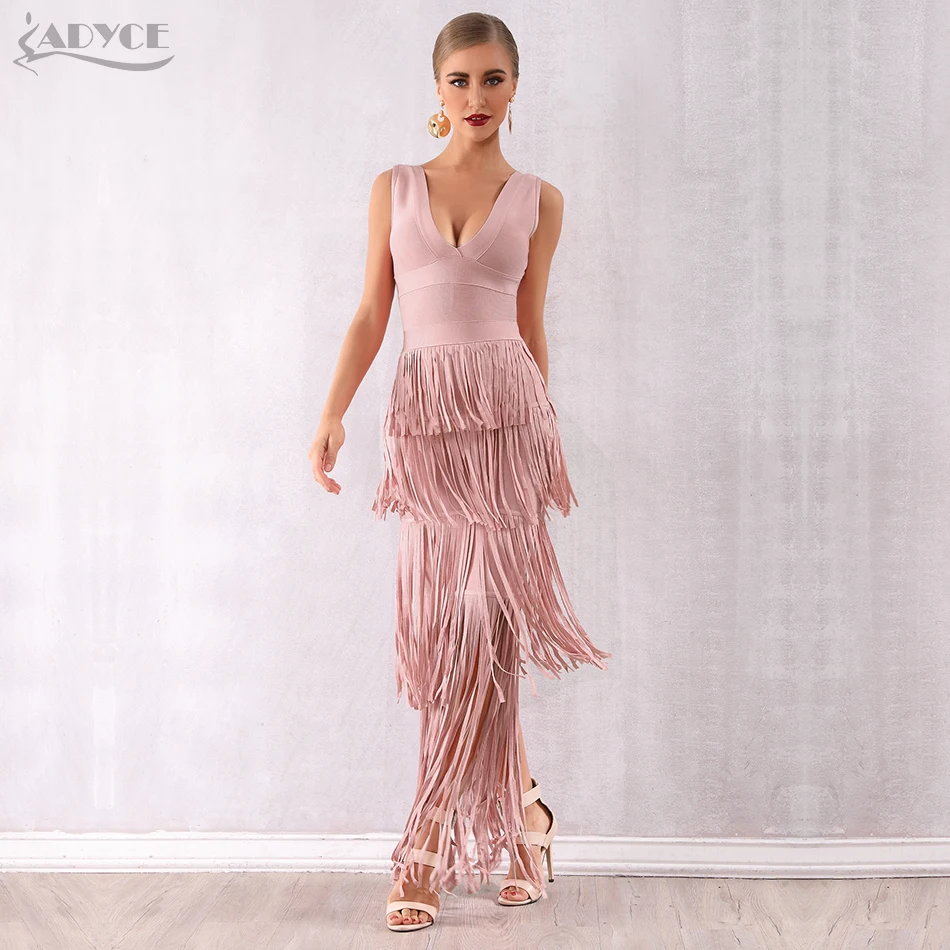 Pink Adyce новое летнее женское Бандажное платье с обнаженной бахромой Vestidos макси с кисточками Клубное платье сексуальное с глубоким v-образным вырезом вечернее платье в стиле знаменитостей - Цвет: Pink