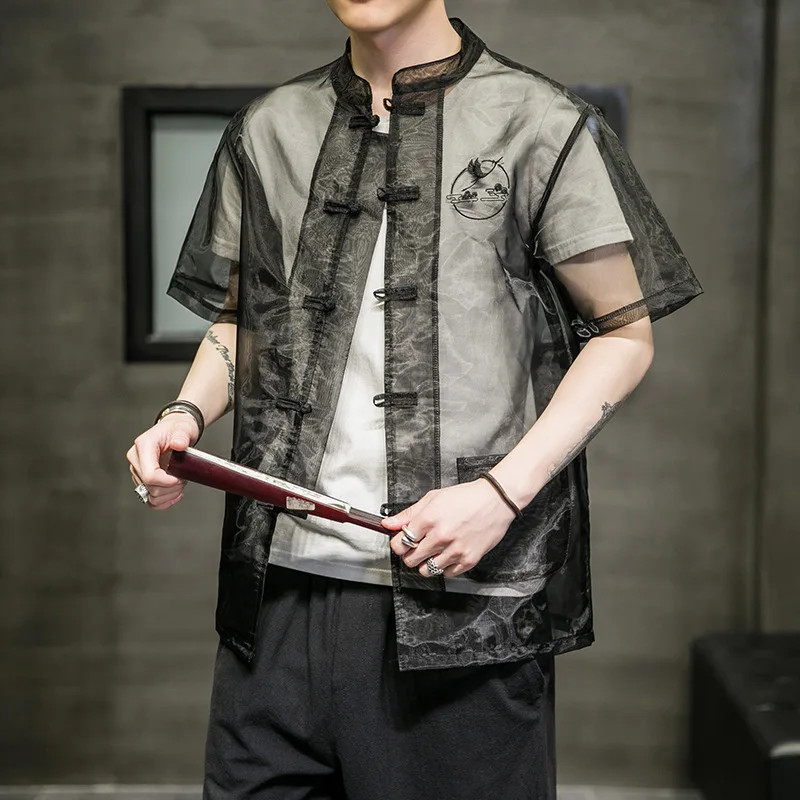 

Рубашка мужская с вышивкой, Пляжная Солнцезащитная одежда в японском стиле, тонкий прозрачный кардиган в китайском стиле с короткими рукав...