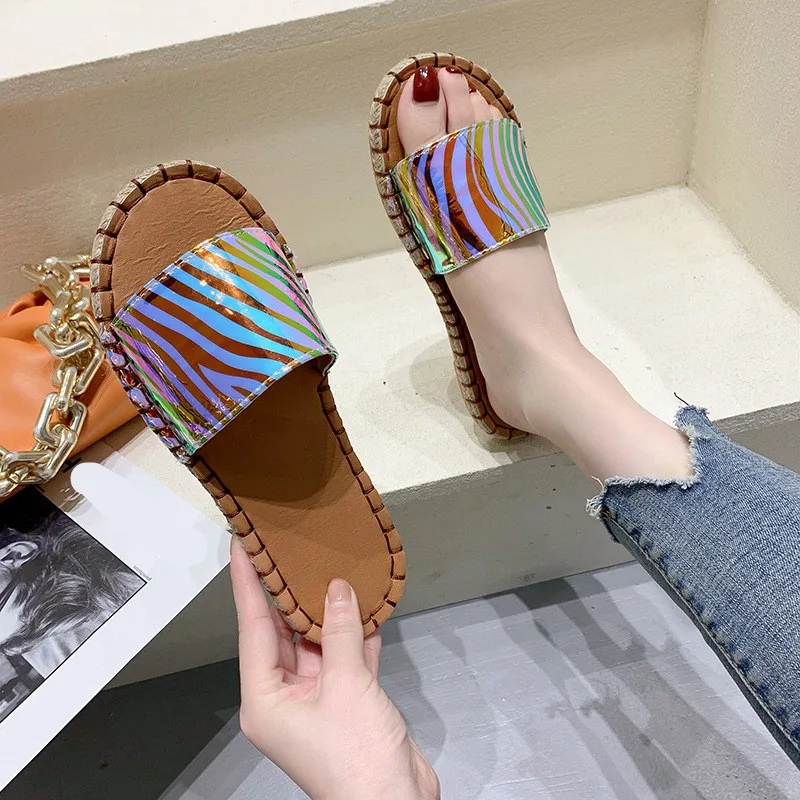 

Flat Shoes Female Ladies' Slippers Slipers Women Low Big Size 2021 Beach Sewing Basic Fabric Slides Rubber Hoof Heels PU