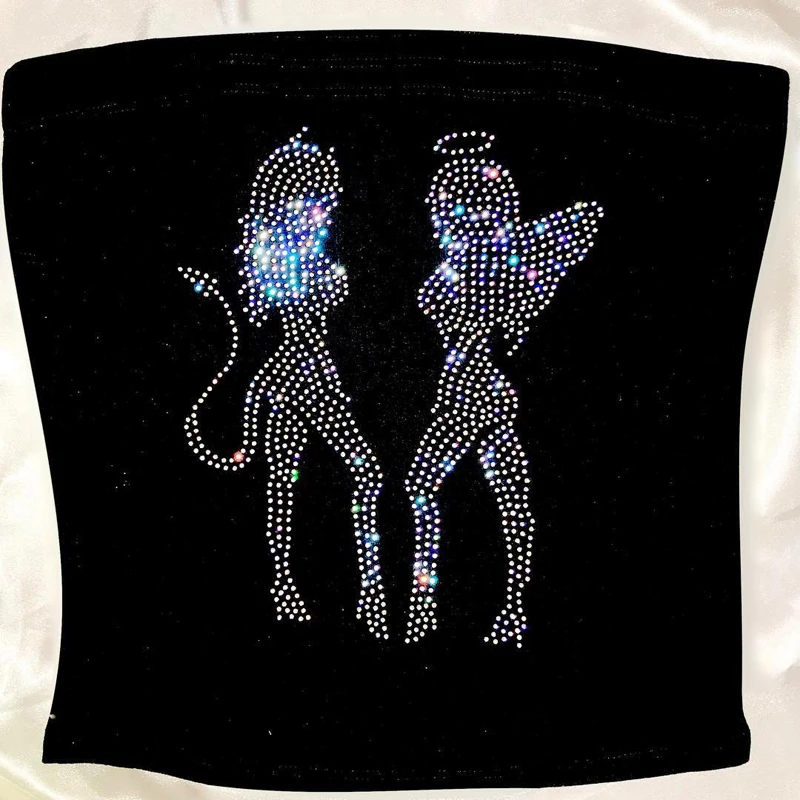 Summer 2020 Angel Devil Rhinestones Crop Tube Top Women Sexy Strapless Skinny Tops Tees Punk Harajuku Girls Street Bandeau | Женская
