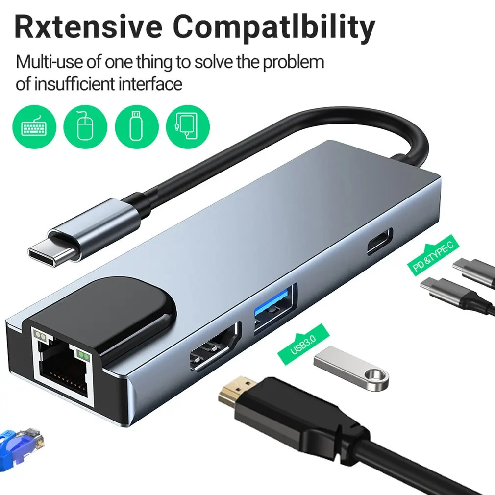 

USB C-концентратор адаптер USB 3.0 Type-C к HDMI-совместимый концентратор с аудио RJ45 Безопасность цифровой/TF PD сплиттер аксессуары для ПК