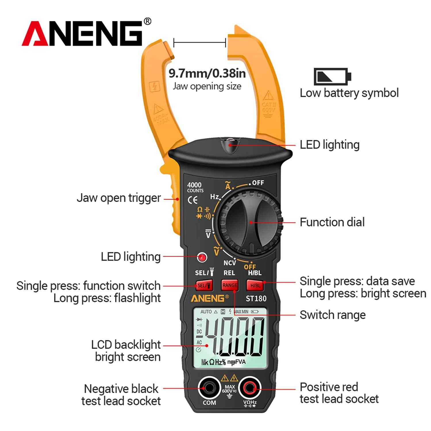 

ST180 4000 Counts Digital Clamp Meter Multimeter Clamp Voltmeter Ammeter AC DC Voltage AC Current Meter NCV Tester Meter Tester