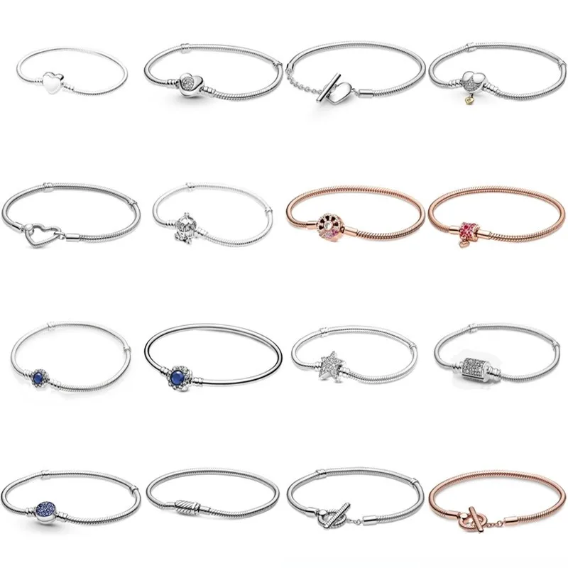 

Authentic 925 Sterling Silver Moments Heart Closure Snake Chain Bracelet Bangle Fit Women Bead Charm Diy Pandora Jewelry