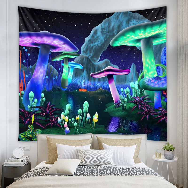 

Fluorescent Mushroom Castle Wall Hanging Tapestry Nature Art Starry Sky Galaxy Psychedelic Carpet Magical Forest Tree Tapestries