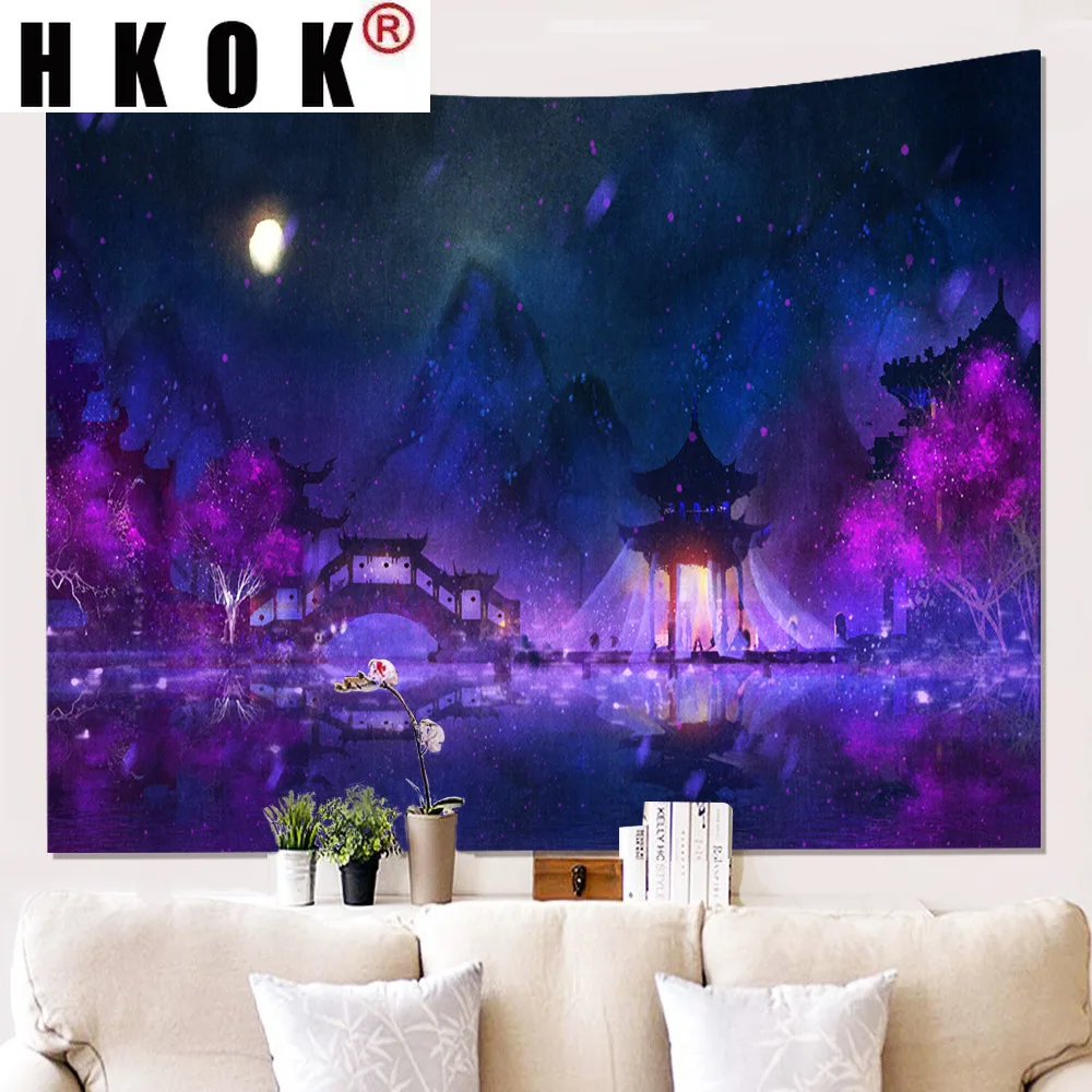 

HKOK Lake Bridge Pavilion Cartoon Landscape Tapestry Hanging Covering Rug Background Cloth Beach Mat Blanket Art Living Home Dec