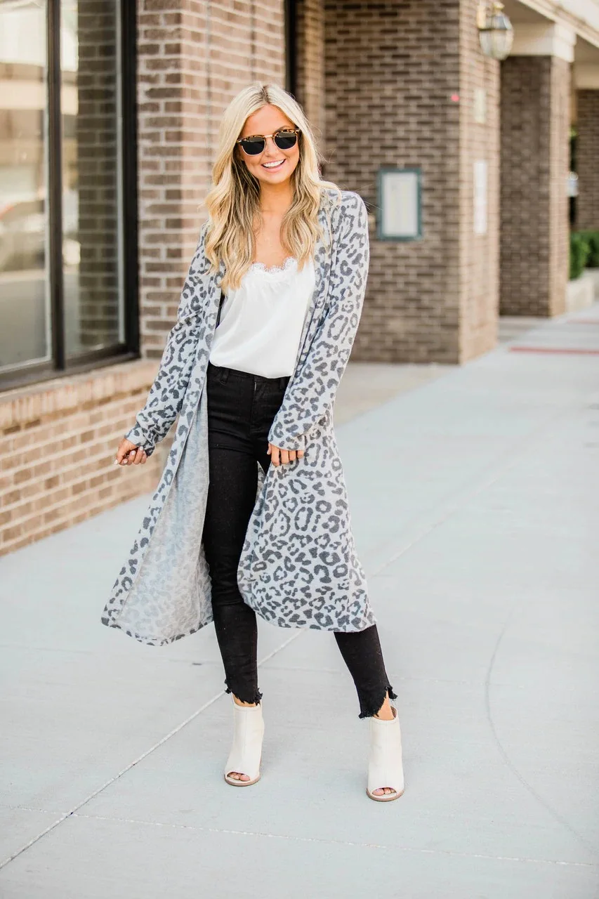 Осенне-зимняя одежда женский кардиган Леопардовый длинный свитер рукав Плюс