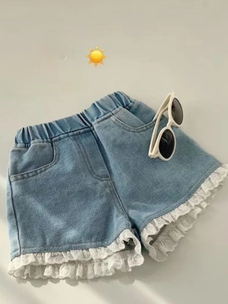 

Girl Shorts Jeans Summer New 2021 High Waist Lace Patchwork Wide Leg Casual All Match Children Kids Clothing Top Quality