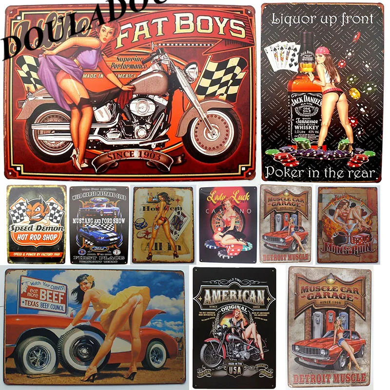 

[Douladou]Full Service Garage Hot Road Pin Up Girl with Car Vintage Metal Tin Sign Retro Bar Garage Room Plaque Poster 30*20CM