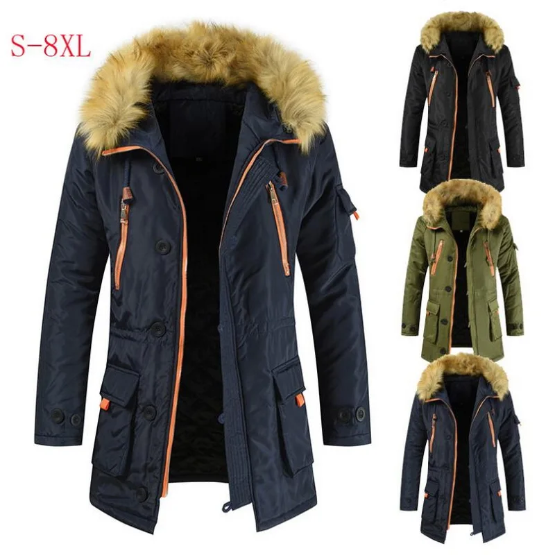 Mid-Length Padded Jacket Men Thick Warm Parkas Fur Collar Outwear Thick Parka Fur Hood Warm Overcoat