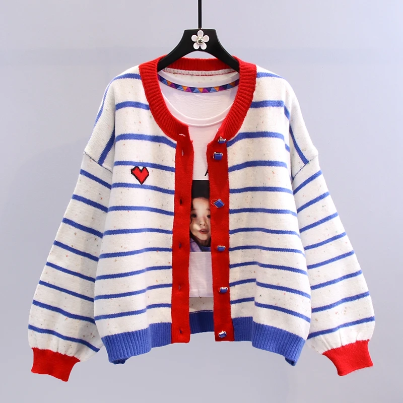 

Женский трикотажный кардиган в полоску, свободный свитер с рукавами-фонариками, в форме сердца, зима 2021