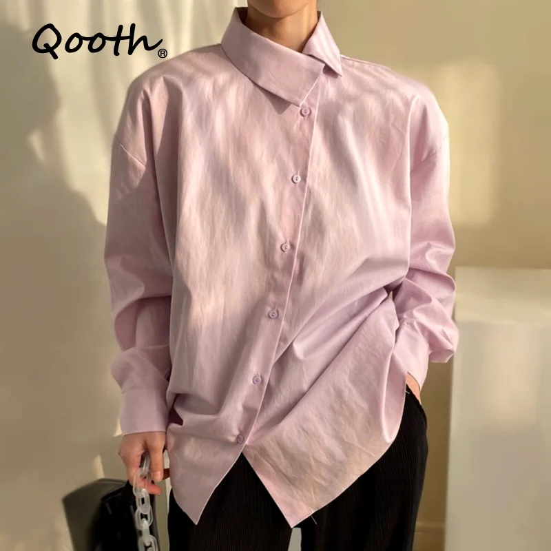

Qooth Korean Fashion Women's Shirts Single Breasted Loose Button Ins Splited Women Long Sleeve Long Sleeve Blouse Tops QT1310