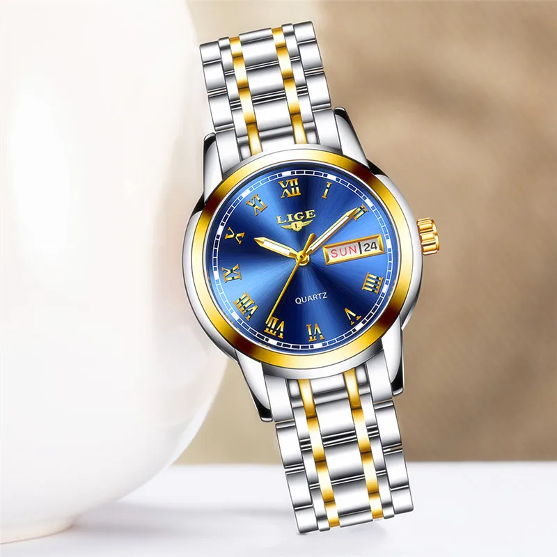 Часы наручные LIGE женские кварцевые люксовые модные с розовым золотом|Женские