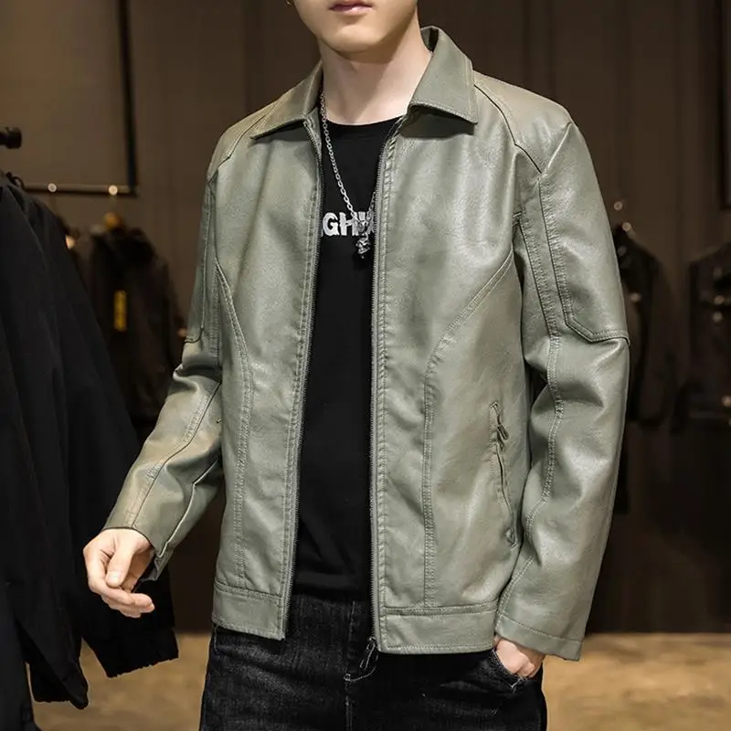 

2022 Men's Autumn New Lapel Stitching Zipper Topstitching Motorcycle PU Leather Jacket