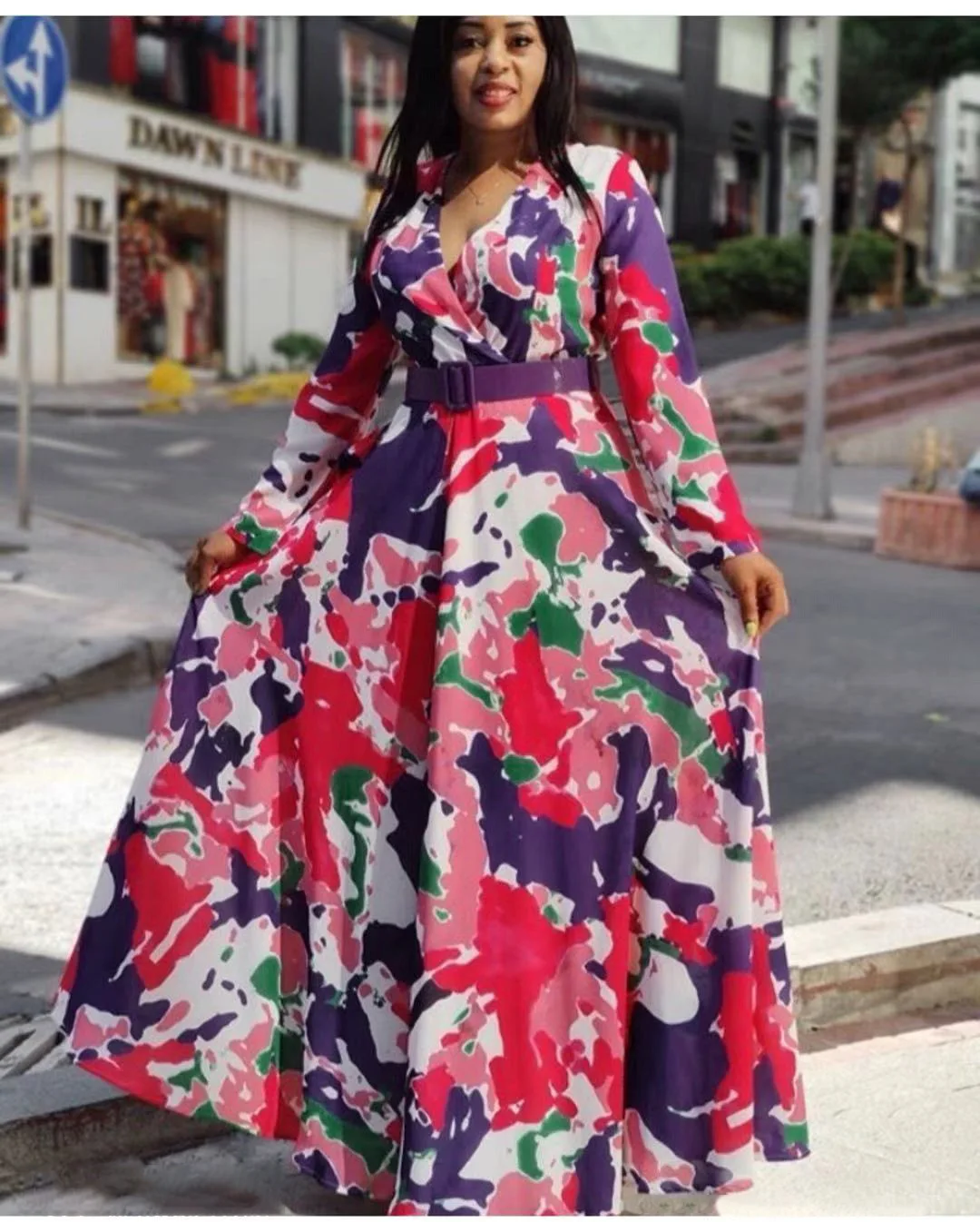 

African Dresses for Women 2021 Summer African Women V-neck Long Sleeve Printing Long Dress African Clothes