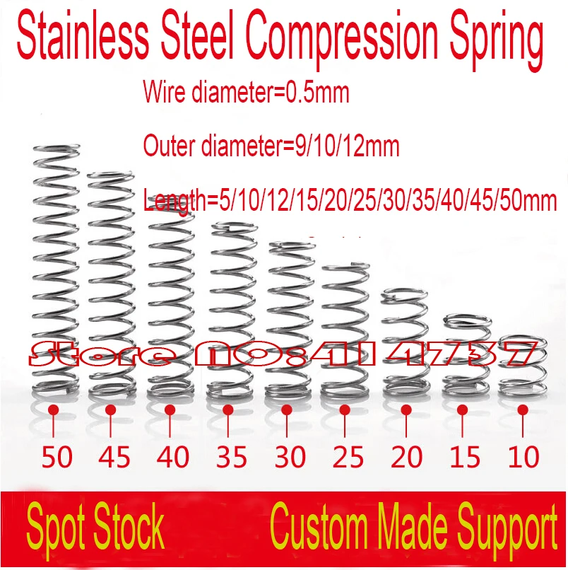 

40pcs 0.5mm Wire OD 9/10/12mm Stainless Steel Small Spot Spring Precision Spring Micro Spring Compression Spring Length 5--50mm