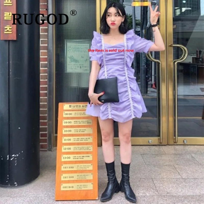 RUGOD корейское мини платье с оборками женское элегантное однотонные милые