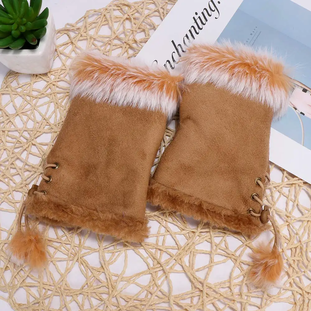 Новые теплые зимние женские кожаные перчатки без пальцев с кроличьим мехом