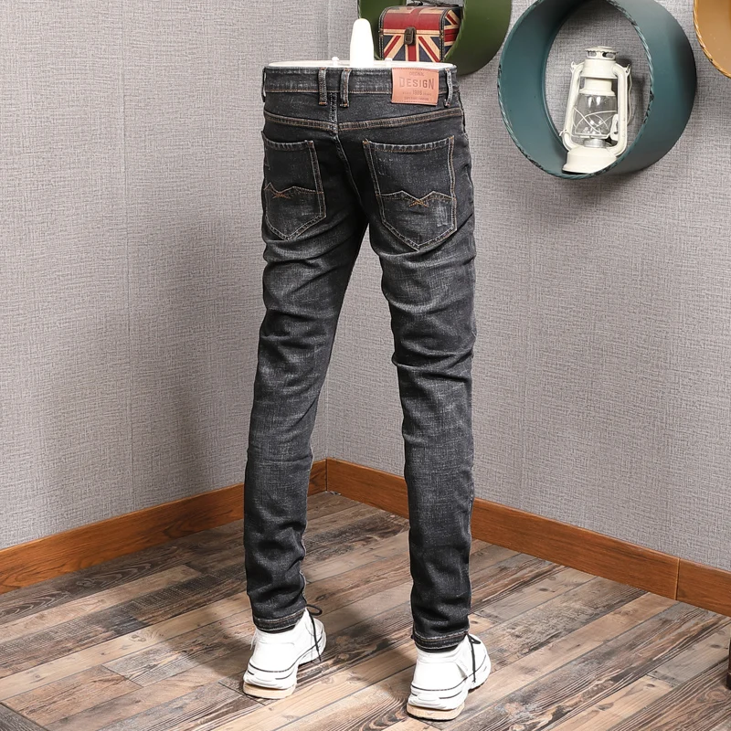 European American Street Fashion Men Jeans Retro Black Gray Slim Fit Ripped Jeans Men Distressed Vintage Designer Denim Pants
